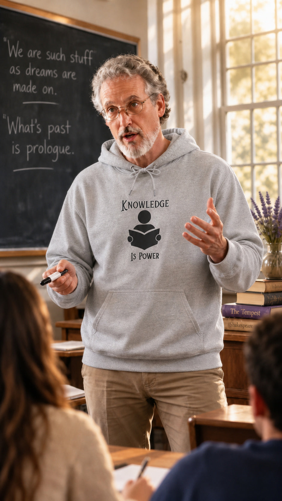 A male university professor wearing a sport grey pullover hoodie with the black silhouette image of a person holding an open book. The black graphic image is located between the words 'KNOWLEDGE IS POWER.' The professor stands in a classroom setting, gesturing with his hands. The background shows a chalkboard with handwritten text, books, and a window.