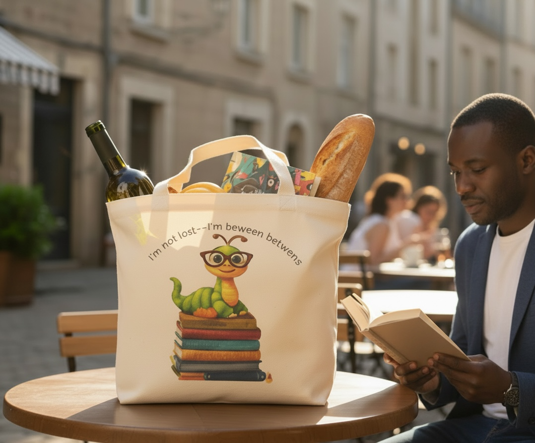 "I'm Not Lost — I'm Between Betweens" Bookworm Tote Bag | Parnassus Collection