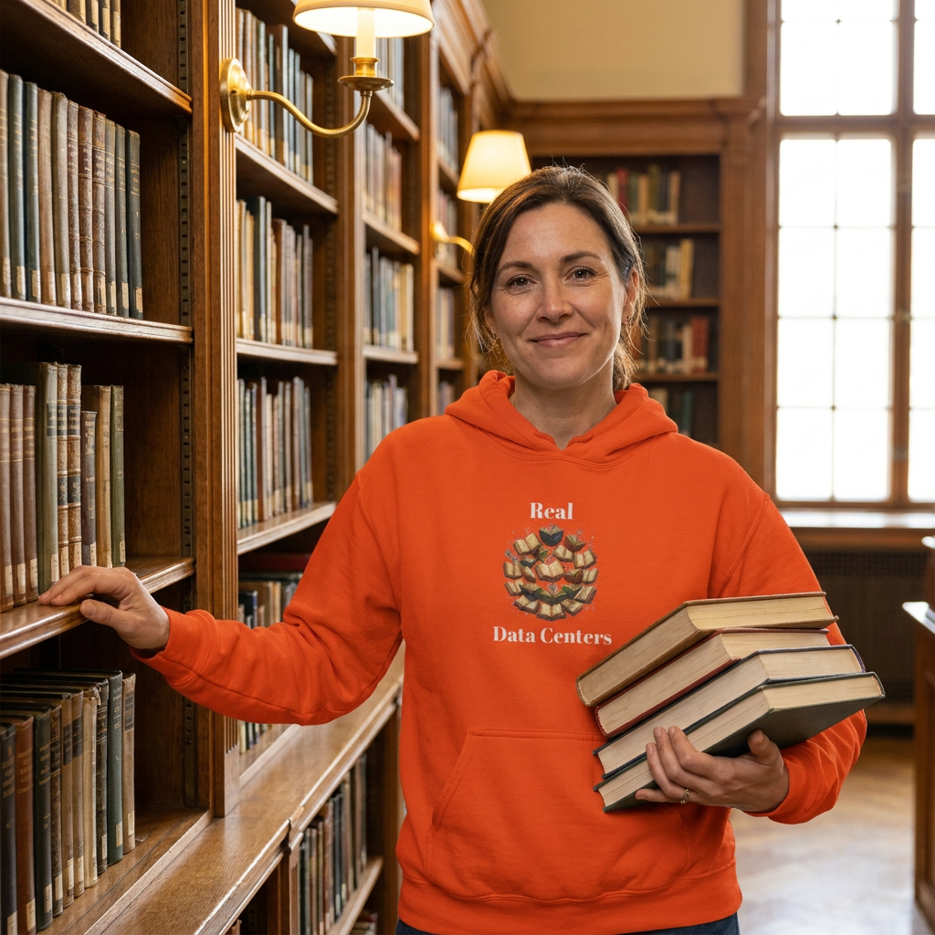 A woman in a library stands in front of wooden bookshelves, holding a stack of books and wearing an orange hoodie with a graphic image of multi-colored circle of open books nestled between the words 'Real Data Centers.'