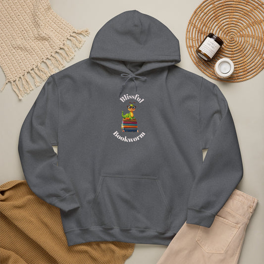Graphite heather pullover hoodie with matching drawstrings with a front kangaroo pocket and a chest graphic reading 'Blissful Bookworm' around an illustration of a bookworm in a book. 