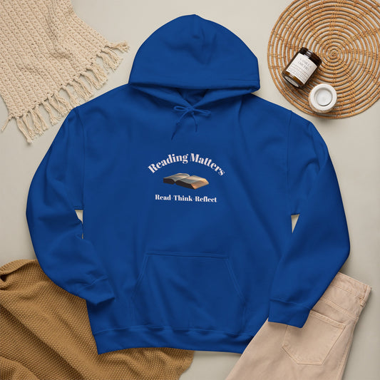 A royal blue pullover hoodie and matching drawstrings with a front kangaroo pocket and a printed chest graphic of an open book located between the words 'Reading Matters' and 'Read Think Reflect.'