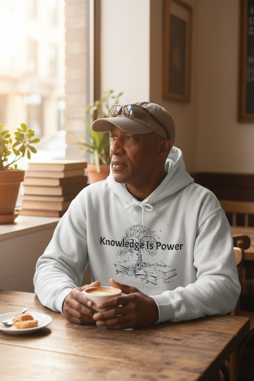 An older Black man sitting at a wooden table in a cafe, looking thoughtfully out a window to his left. He is wearing an ash  grey pullover hoodie with ash grey drawstrings. The hoodie features a black graphic design on the chest: the text "Knowledge Is Power" positioned above an intricate, sketch-style illustration of a large tree growing out of an open book.